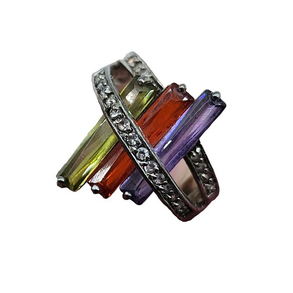 Y2K 925 Ring With Cubic Zirconia Colorful Crystals - Picture 4 of 8